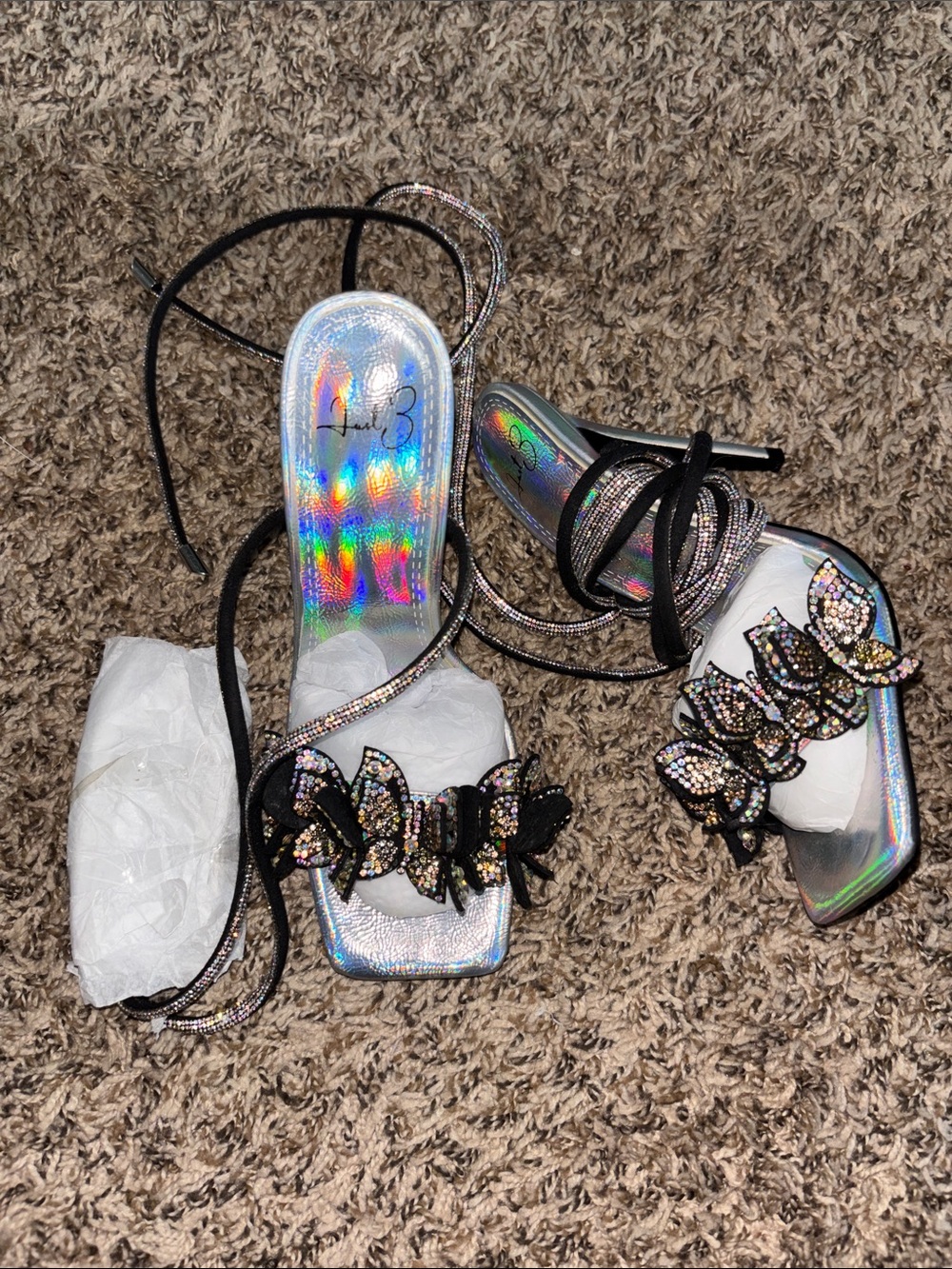 Holographic Butterfly Embellished Lace-Up Heels - Silver